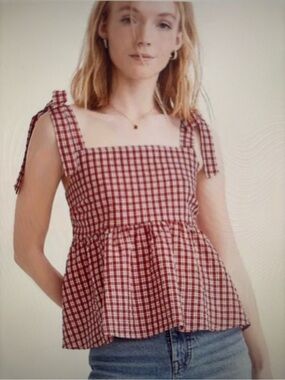 Madewell Rosalie Check Seersucker Tie Shoulder Top XL NWT